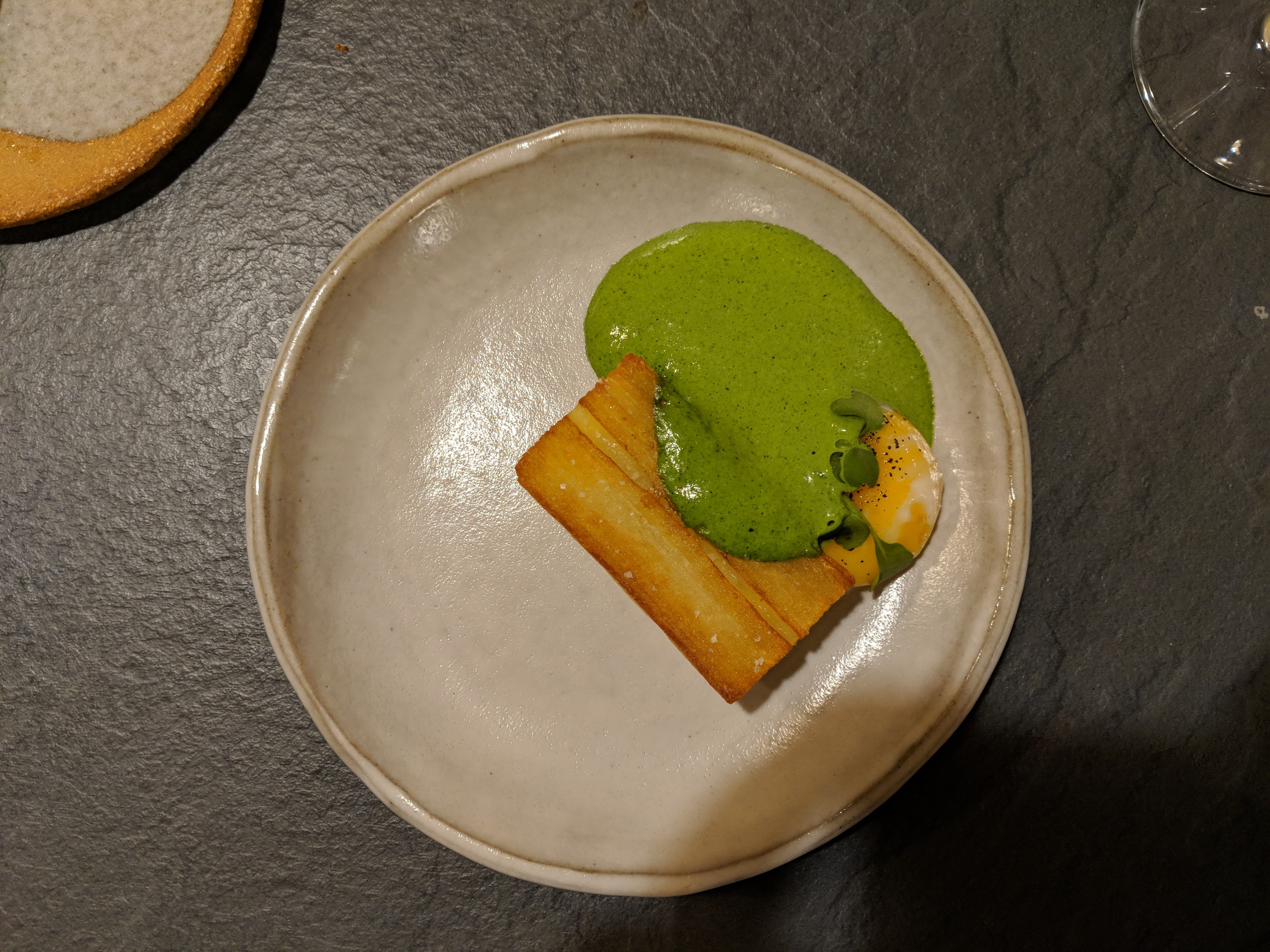 Potato, egg and unidentified green foam